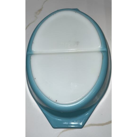 PYREX Turquoise Snowflake Divided Casserole Dish With Lid 1/2 Quart Vintage 1950 - Picture 4 of 11